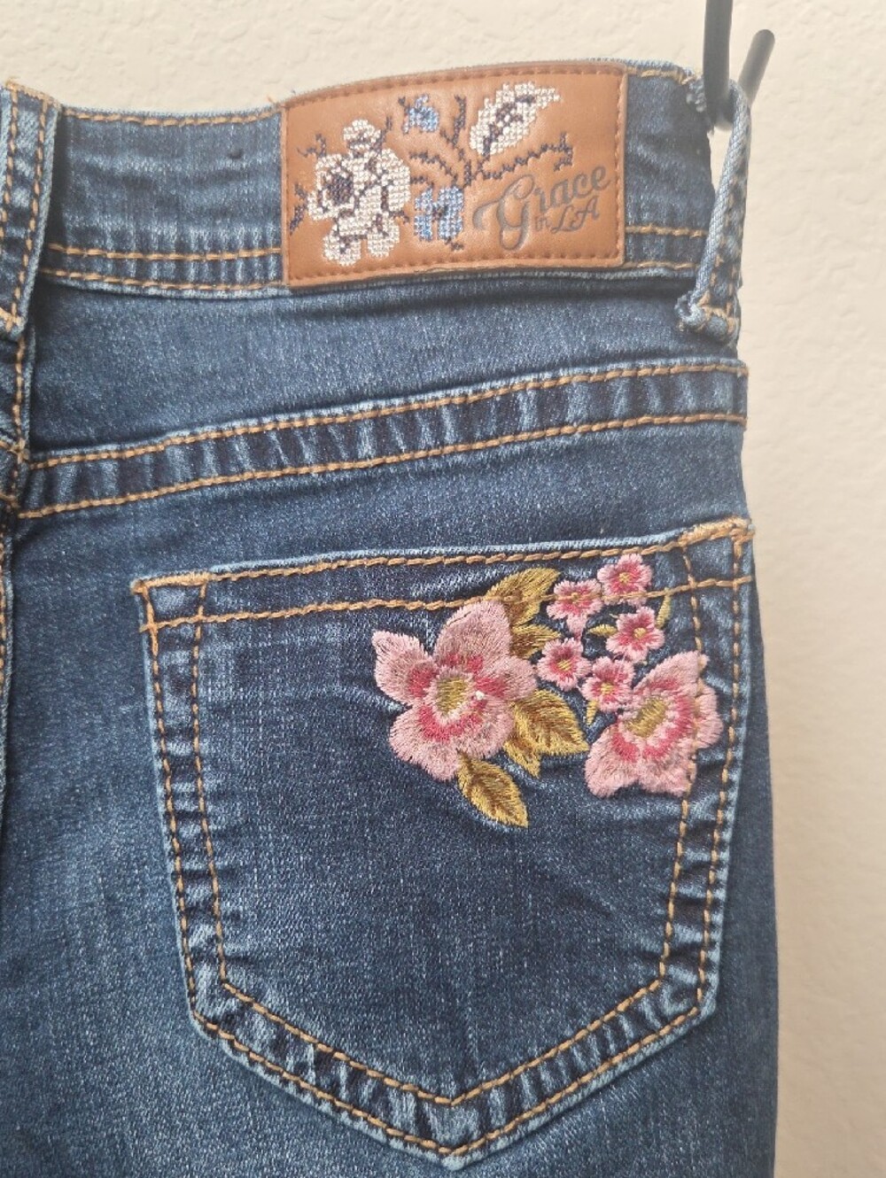 Grace in LA Dark Blue Skinny Jeans Pink Floral Embroidery Distressed Style - Picture 2 of 13